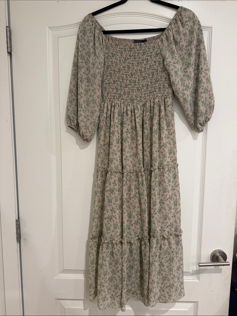 Mikarose Beige and Sage Smocked Bodice Maxi Dress